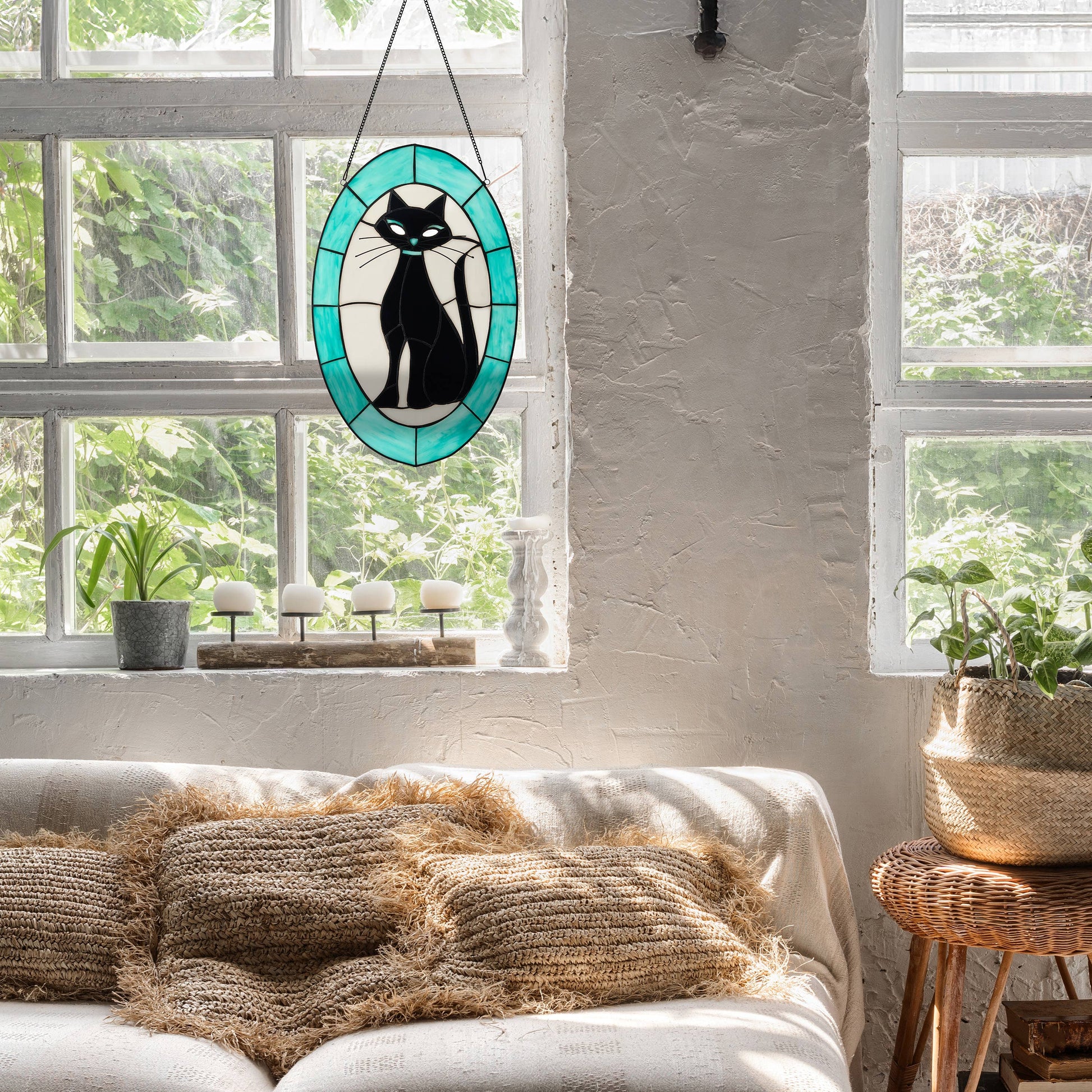 Tiffany-Style Black Cat Stained Glass Window Panel - 17-in - Mellow Monkey
