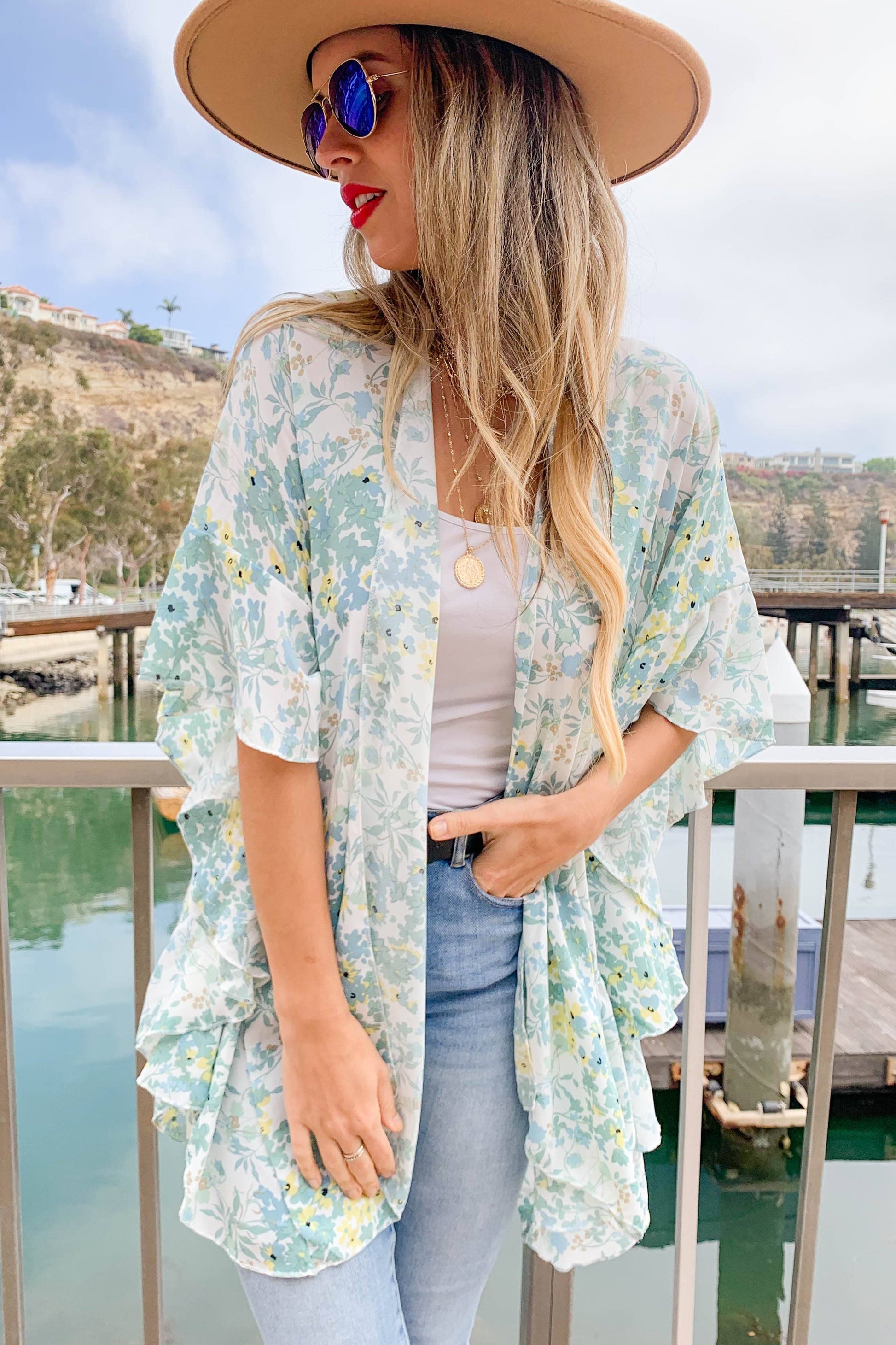 Sage Floral Printed Ruffle Sleeve Chiffon Kimono Cover Up - Mellow Monkey