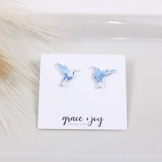 Hummingbird Acrylic Stud Earrings - Blue/White - Mellow Monkey