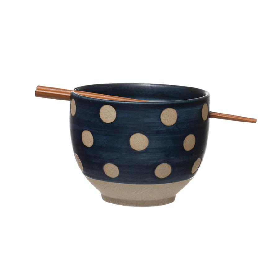 Polka Dot Stoneware Bowl with Chopsticks - Mellow Monkey