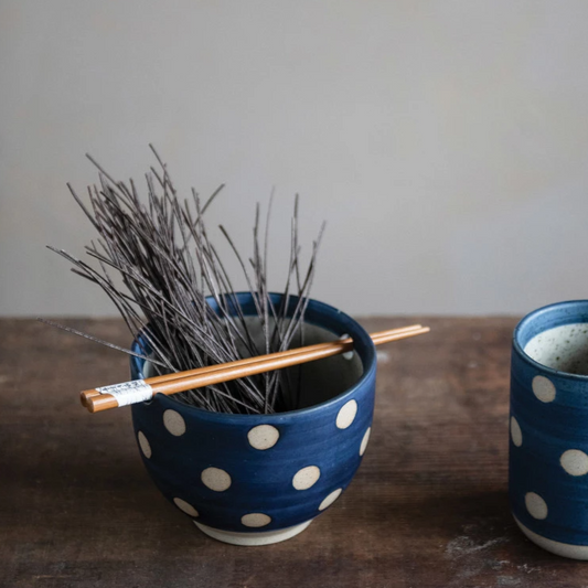 Polka Dot Stoneware Bowl with Chopsticks - Mellow Monkey