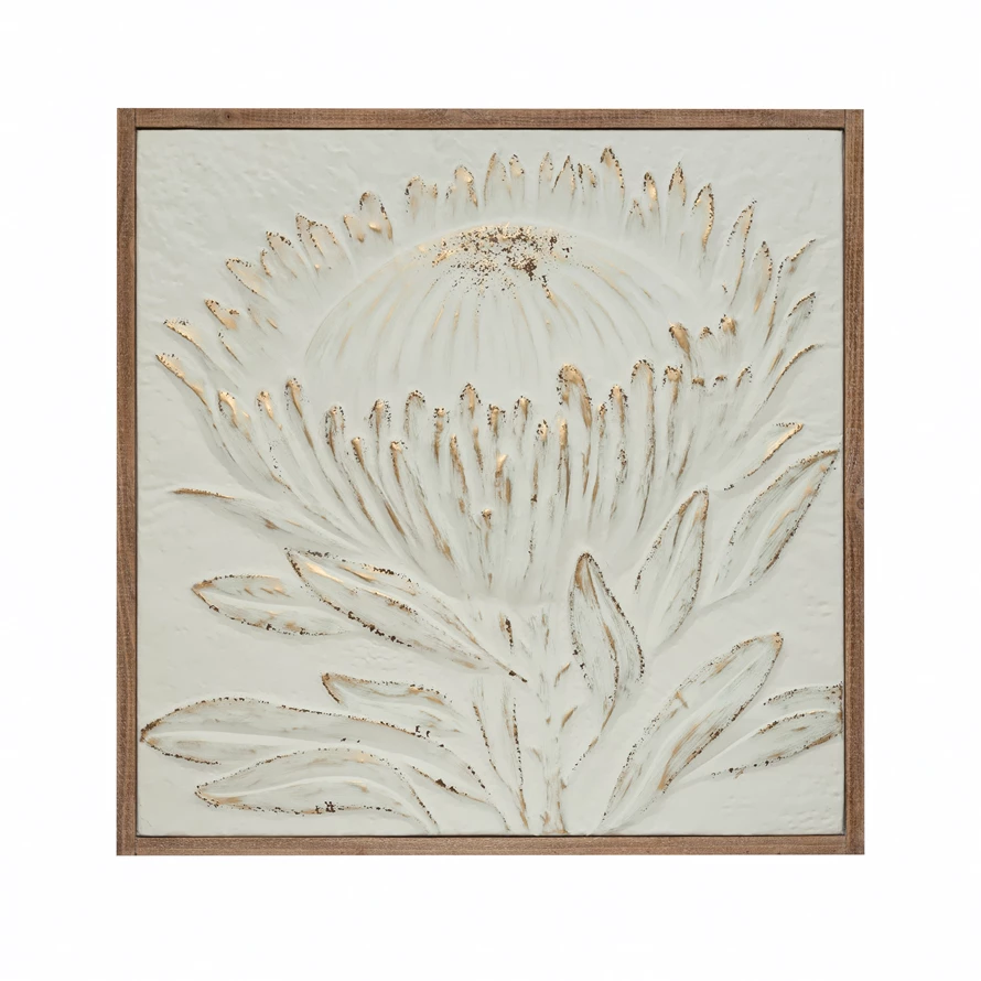 Wood Framed Embossed Protea Flower - Antique White with Gold Brush Finish - 38-in - Mellow Monkey