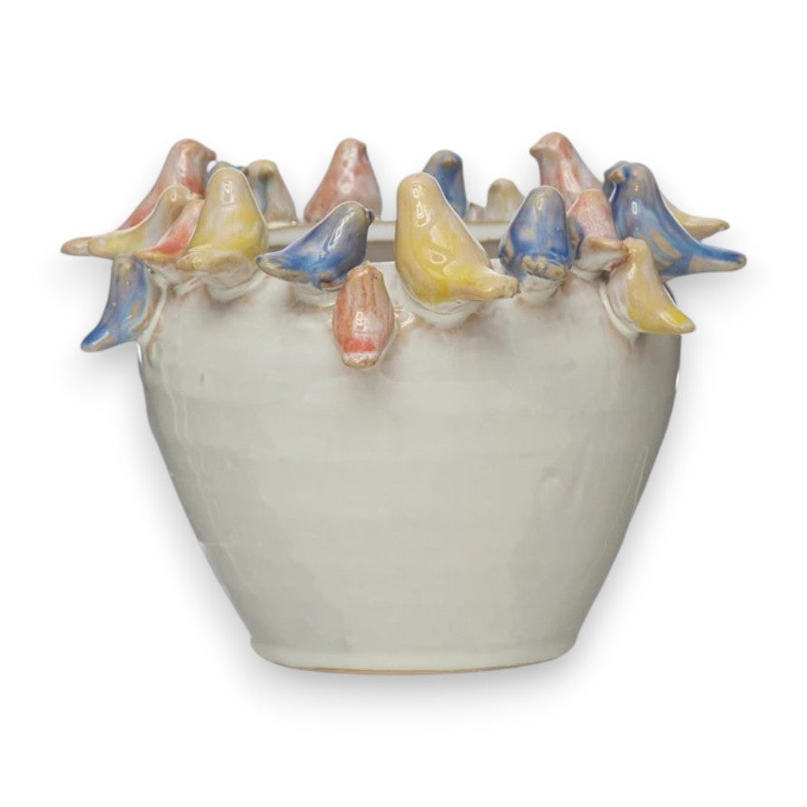 Stoneware Planter with Birds on Rim - 7-1/2-in - Mellow Monkey