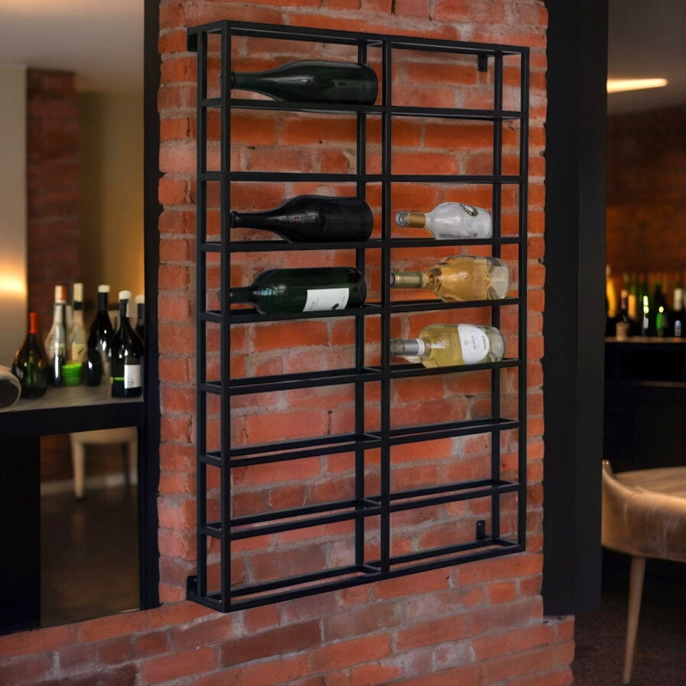 Heavy Duty Black Metal Wall Wine Rack - Holds 16 Bottles - 39-in - Mellow Monkey