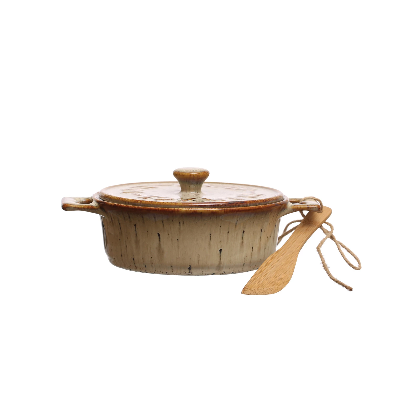 Cream Stoneware Brie Baker with Bamboo Spreader - 7-in - Mellow Monkey