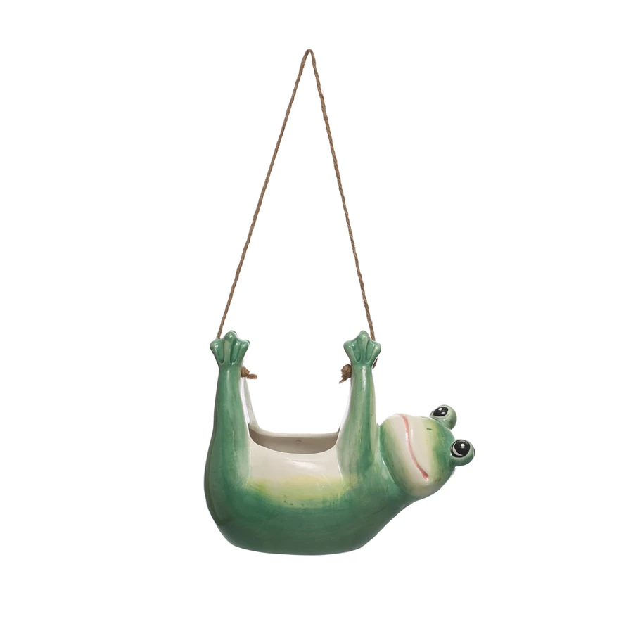 Hanging Ceramic Frog Planter with Jute Rope Hanger - Mellow Monkey