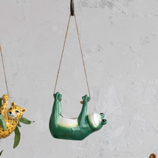 Hanging Ceramic Frog Planter with Jute Rope Hanger - Mellow Monkey