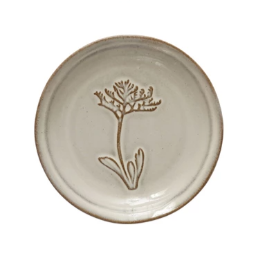 Embossed Stoneware Dish with Flower - 5-in - Mellow Monkey