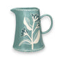 Aqua Hand-Painted Stoneware Pitcher with Wax Relief Flowers - 2 Quart - Mellow Monkey