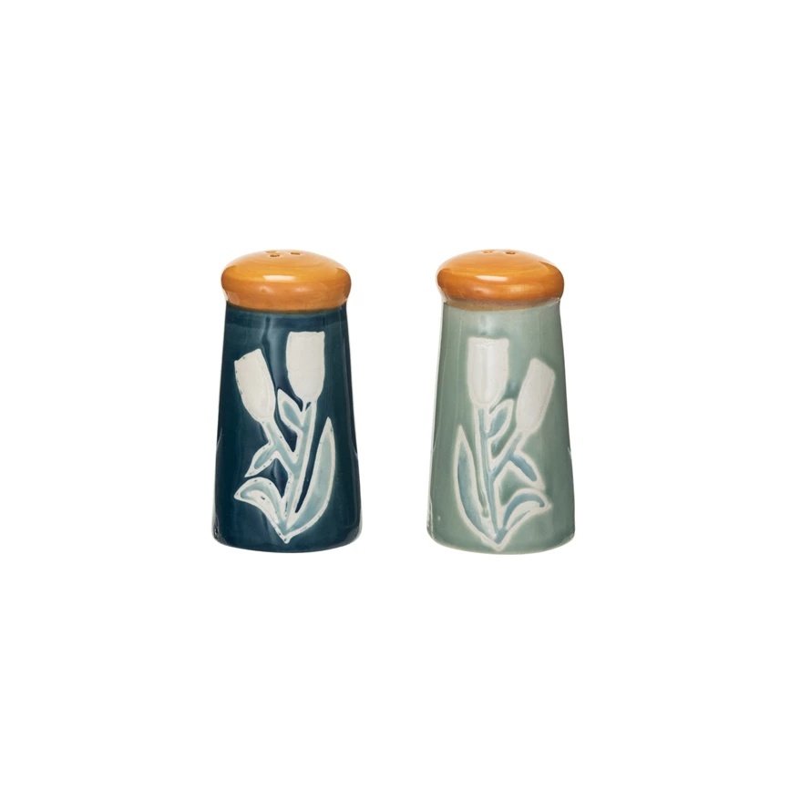 Hand-Painted Stoneware Salt & Pepper Shakers with Wax Relief Flowers - Mellow Monkey