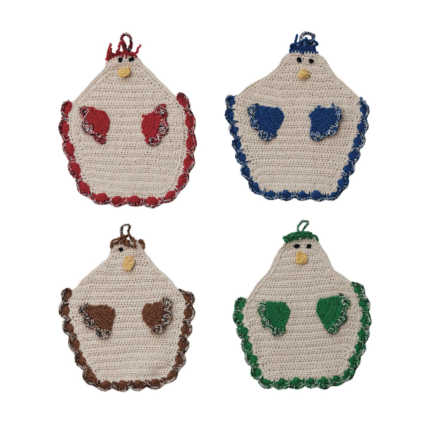 Cotton Crocheted Chicken Shaped Pot Holder w/ Loop, 4 Colors