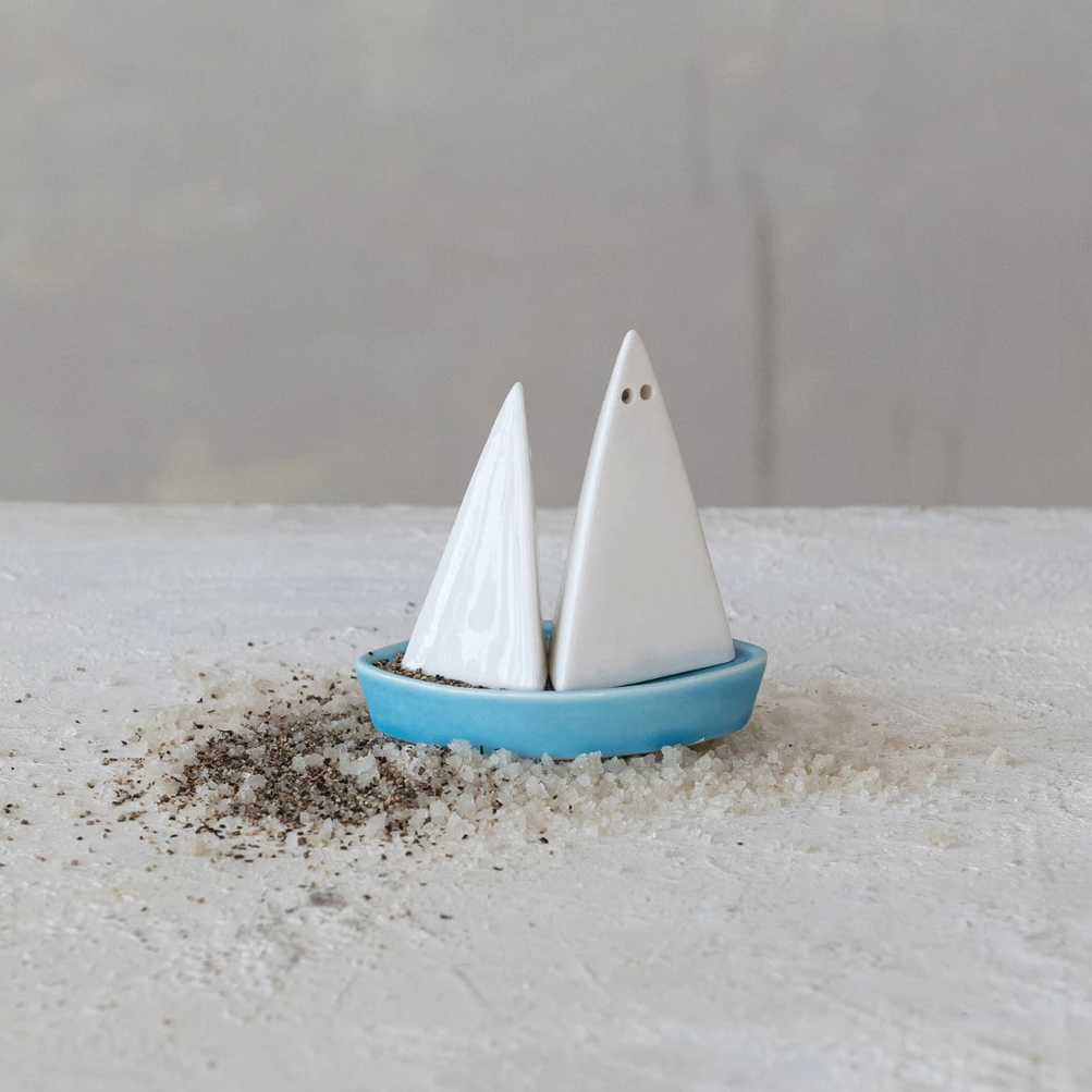 Sail Shaped Salt & Pepper Shakers In A Boat - 3-piece Set - 3-in - Mellow Monkey