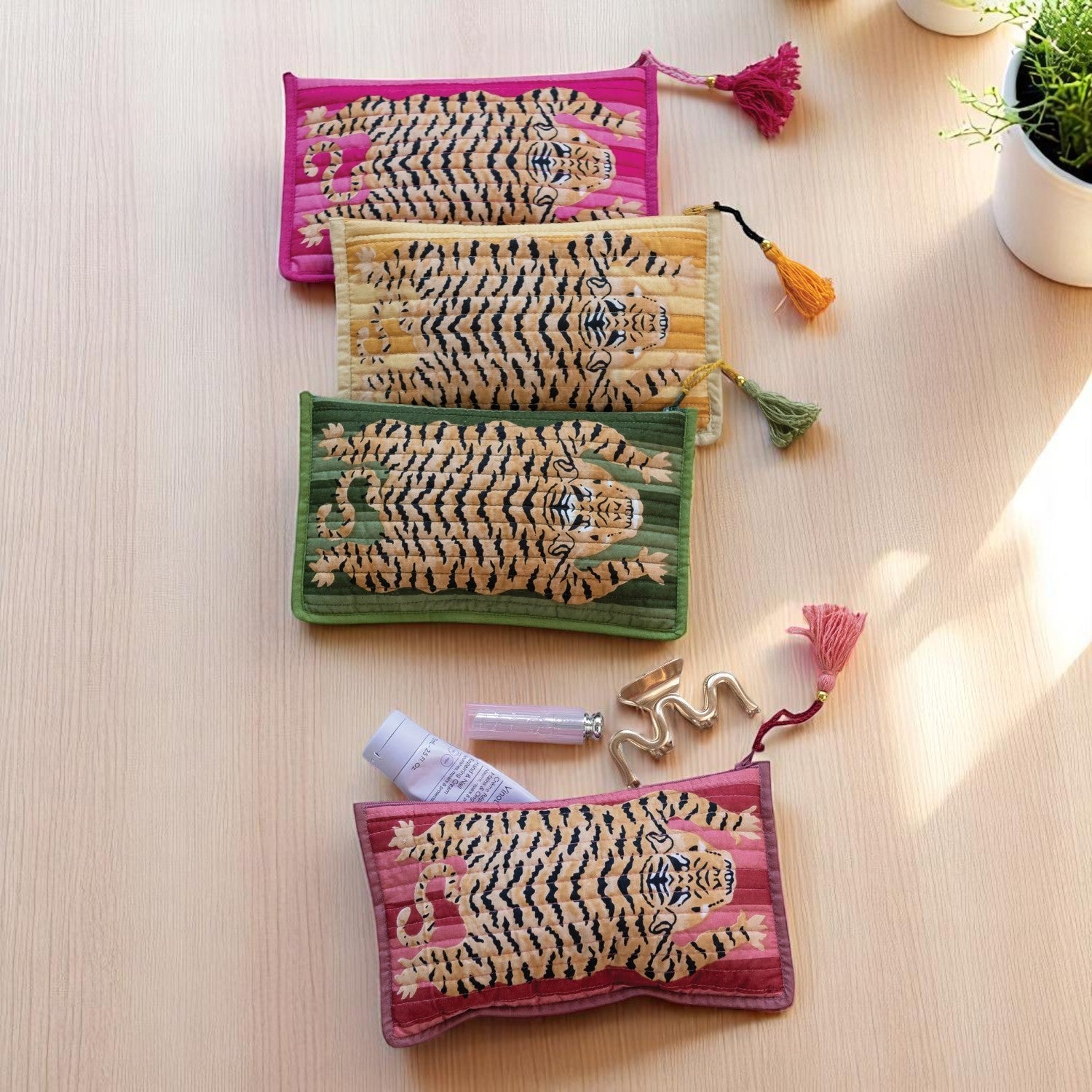 Tiger Printed Cotton Voile Zip Pouch with Interior Coating - Mellow Monkey