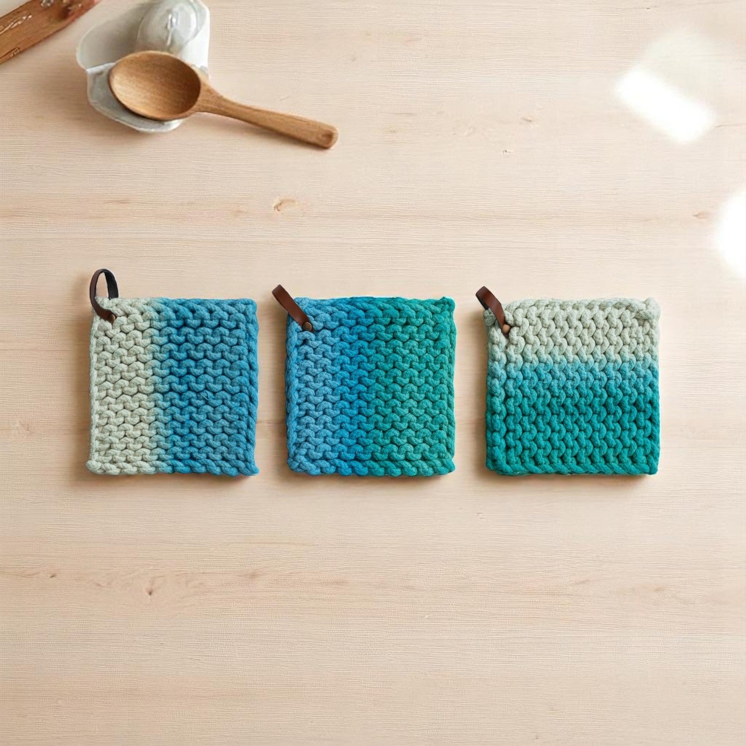 Crocheted Pot Holder with Leather Loop - Mellow Monkey