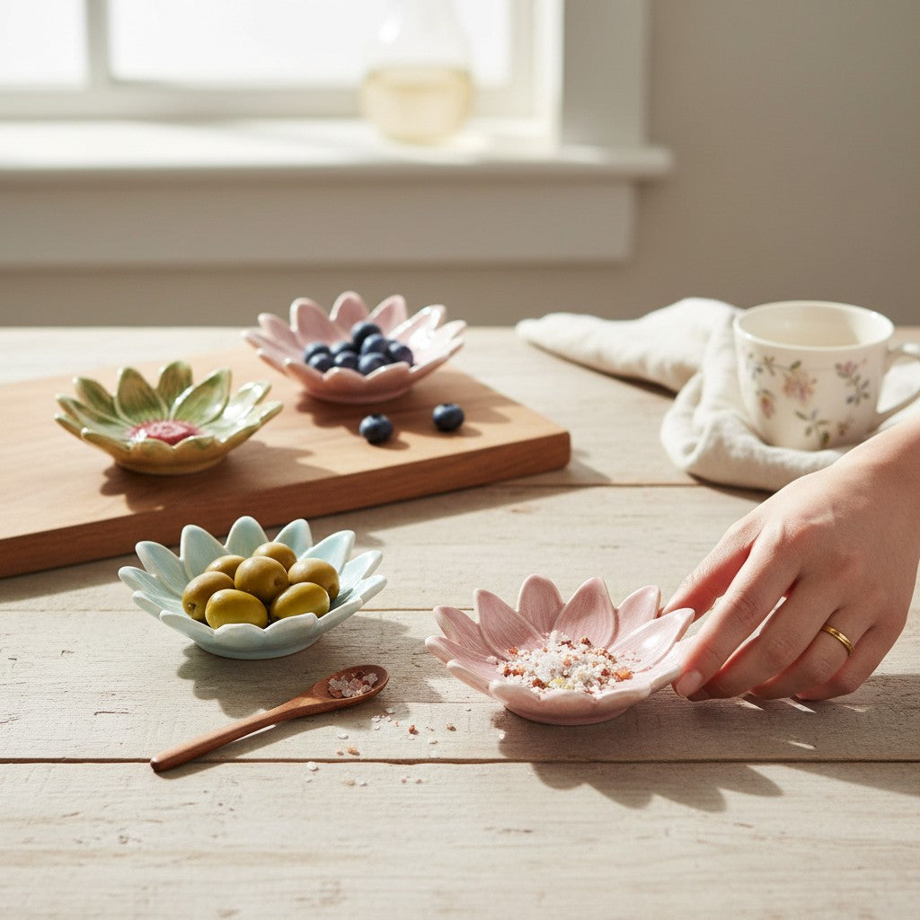 Stoneware Flower-Shaped Dish with Reactive Glaze - 4-1/2-in - Mellow Monkey