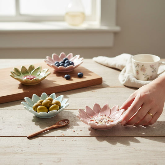 Stoneware Flower-Shaped Dish with Reactive Glaze - 4-1/2-in - Mellow Monkey