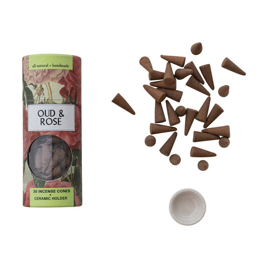 Oud and Rose Scented Incense Cones with Ceramic Holder - Mellow Monkey