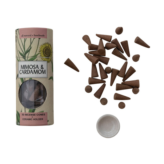 Mimosa & Cardamom Scented Incense Cones with Ceramic Holder - Mellow Monkey