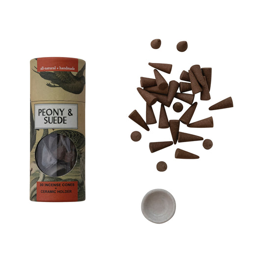 Peony & Suede Scented Incense Cones with Ceramic Holder - Mellow Monkey