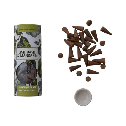 Lime Basil & Mandarin Scented Incense Cones with Ceramic Holder - Mellow Monkey