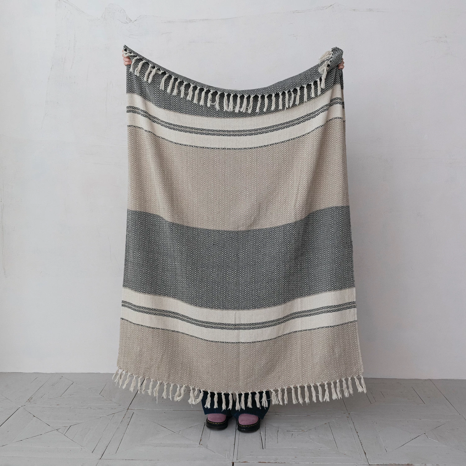 Cotton Striped Throw with Fringe - 60-in - Mellow Monkey