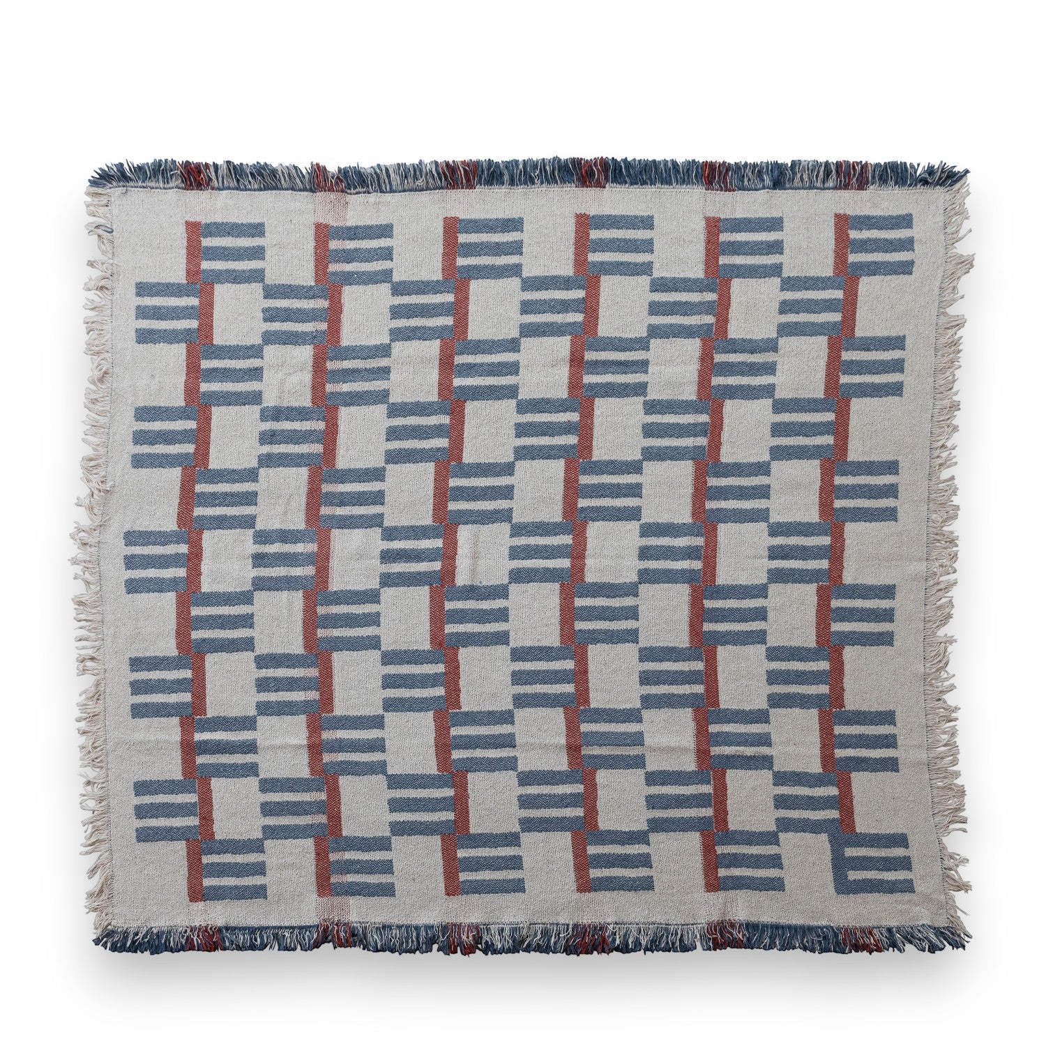 Woven Cotton Blend Jacquard Throw with Stripes/Block Pattern & Fringe - Mellow Monkey