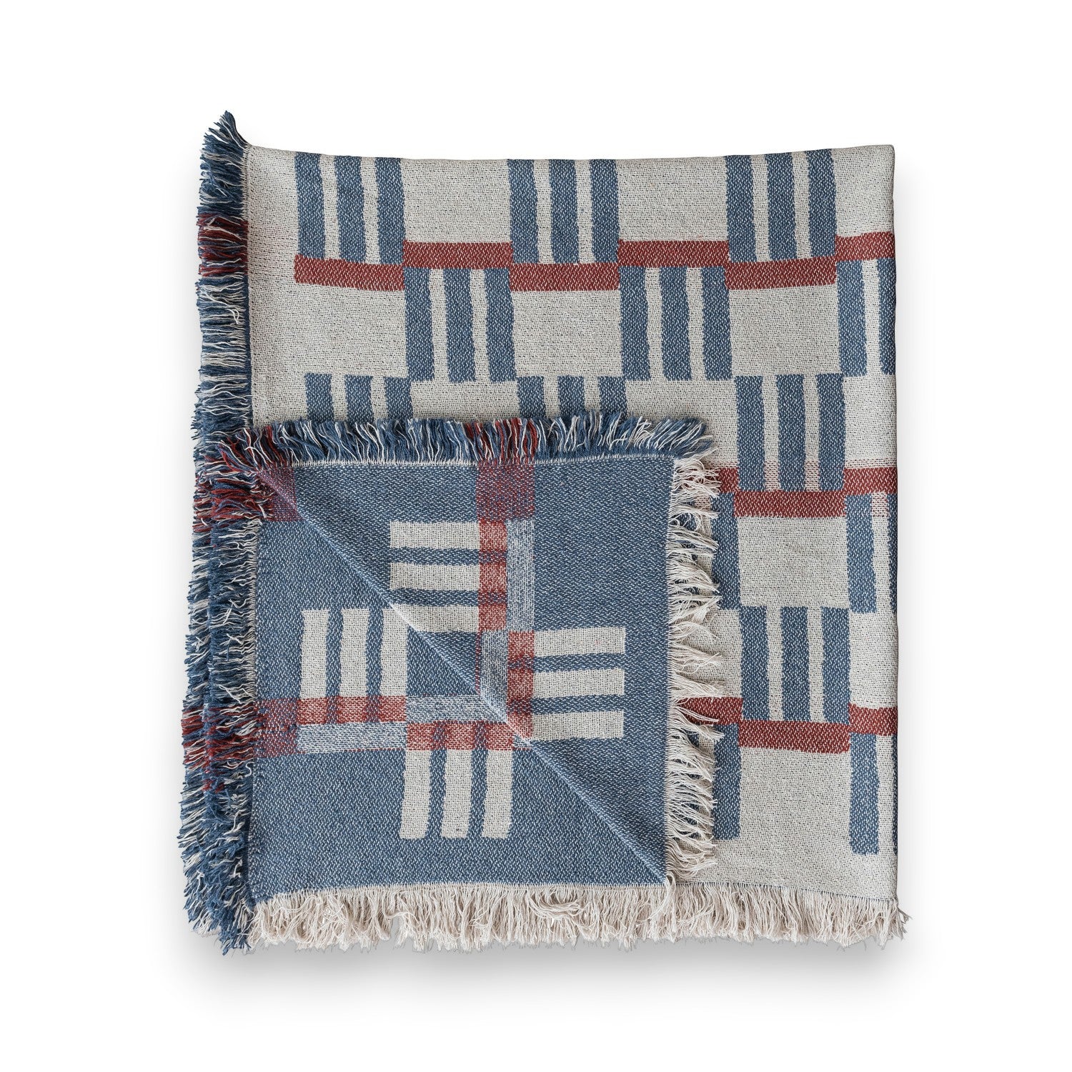 Woven Cotton Blend Jacquard Throw with Stripes/Block Pattern & Fringe - Mellow Monkey