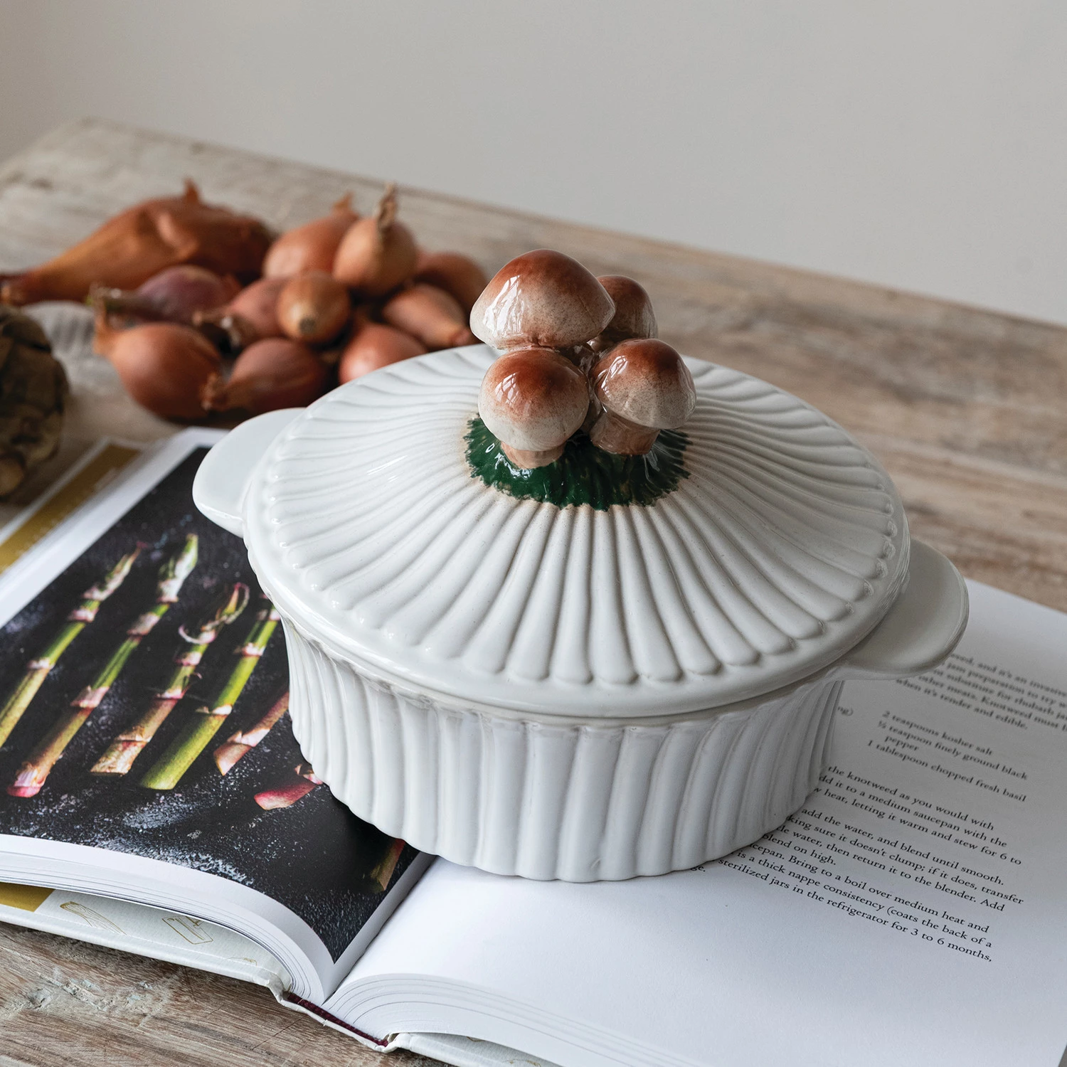 Fluted Stoneware Baker with Mushrooms - 24-oz - Mellow Monkey