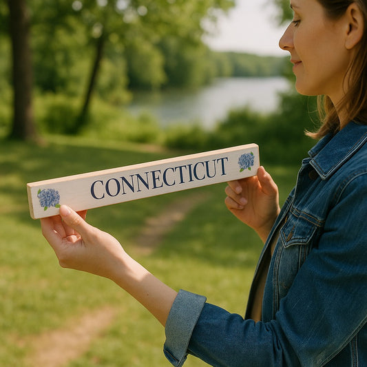 Connecticut Hydrangea Flowers - Skinny Wood Shelf Sitter - 15-3/4-in - Mellow Monkey