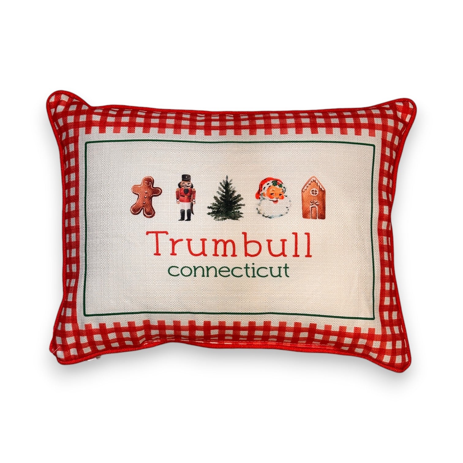 Gingham Christmas Hometown Pillow - Trumbull Connecticut - Red Piping - 19-in - Mellow Monkey