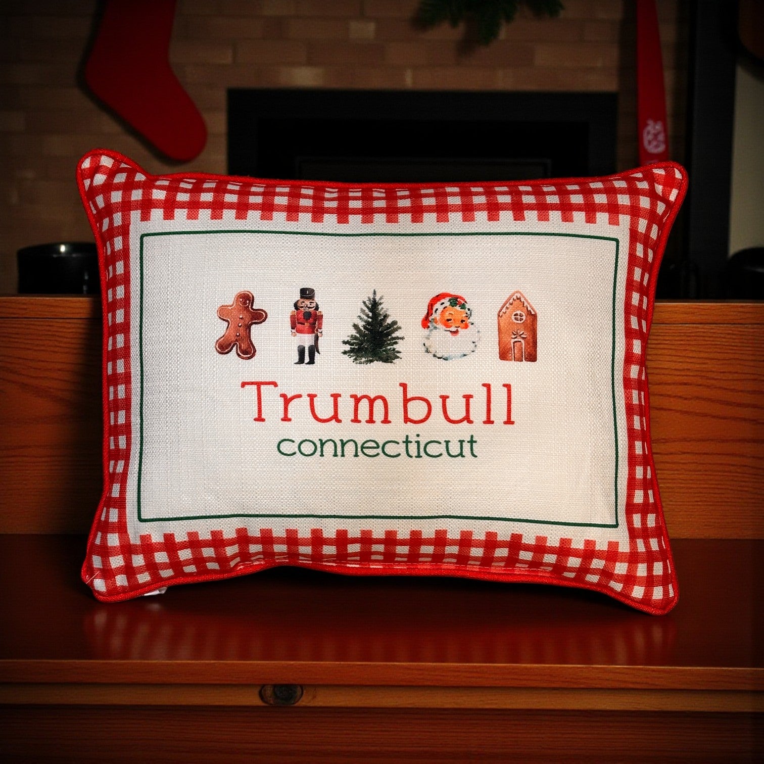 Gingham Christmas Hometown Pillow - Trumbull Connecticut - Red Piping - 19-in - Mellow Monkey