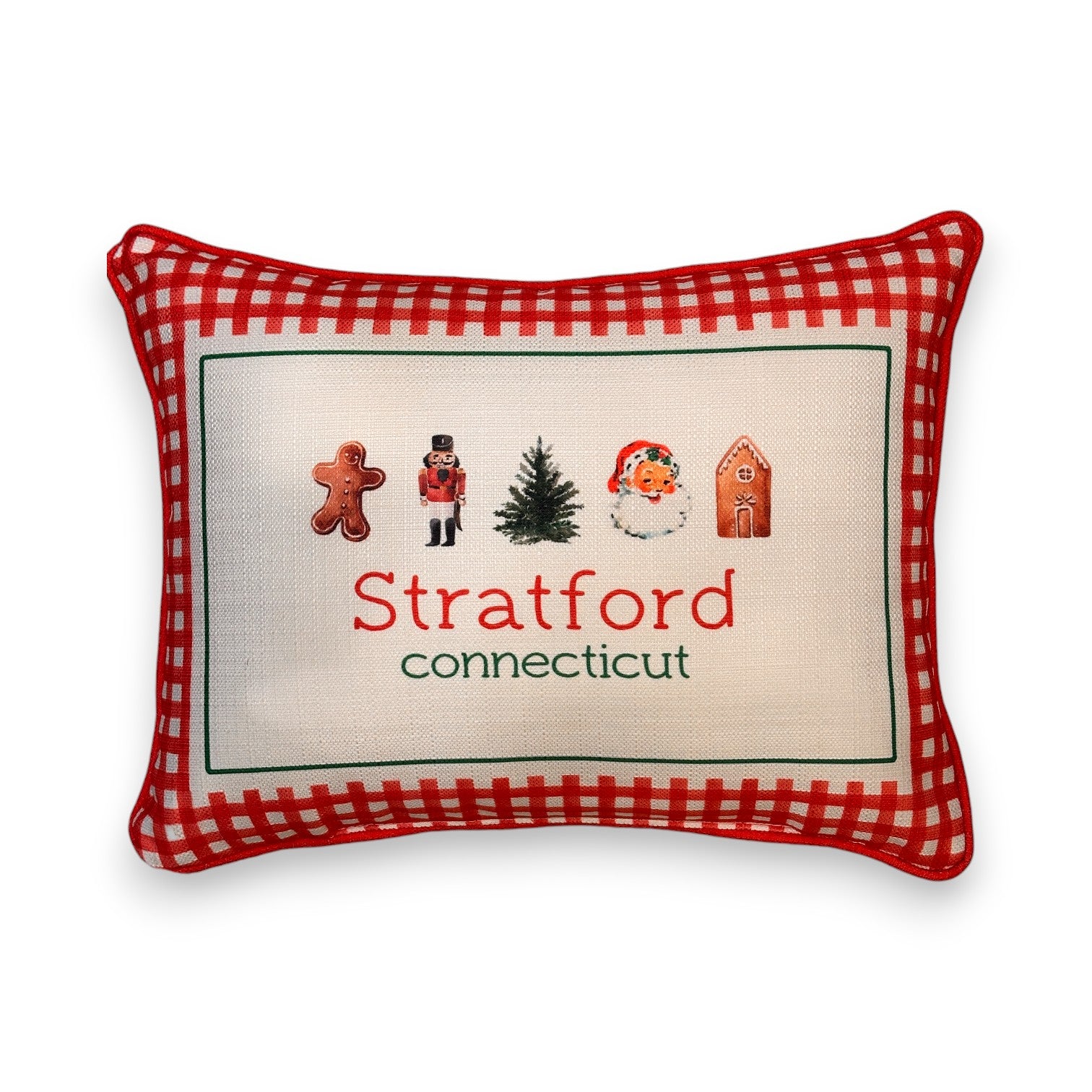 Gingham Christmas Hometown Pillow - Stratford Connecticut - Red Piping - 19-in - Mellow Monkey