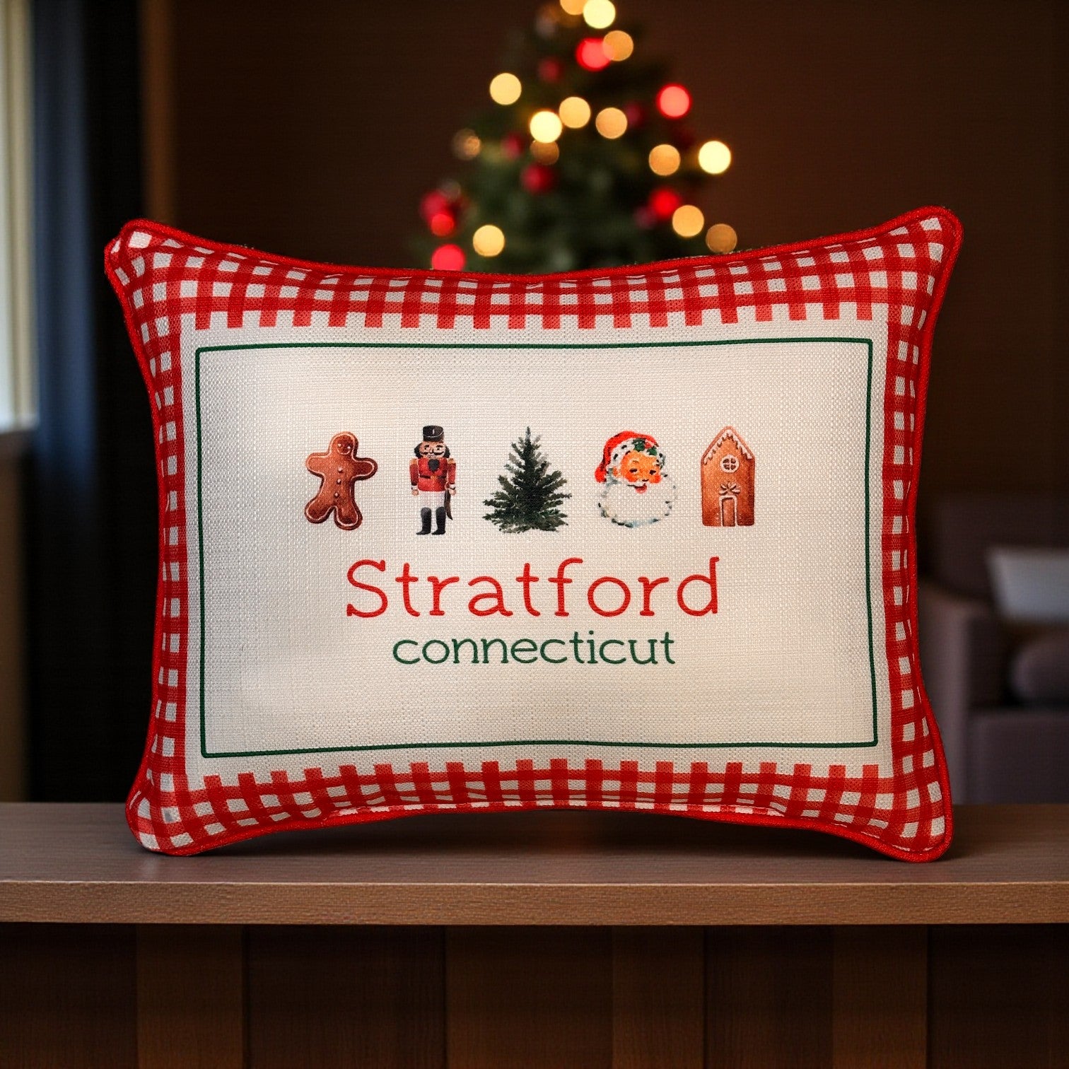 Gingham Christmas Hometown Pillow - Stratford Connecticut - Red Piping - 19-in - Mellow Monkey
