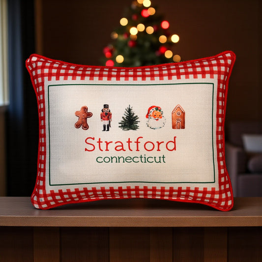 Gingham Christmas Hometown Pillow - Stratford Connecticut - Red Piping - 19-in - Mellow Monkey
