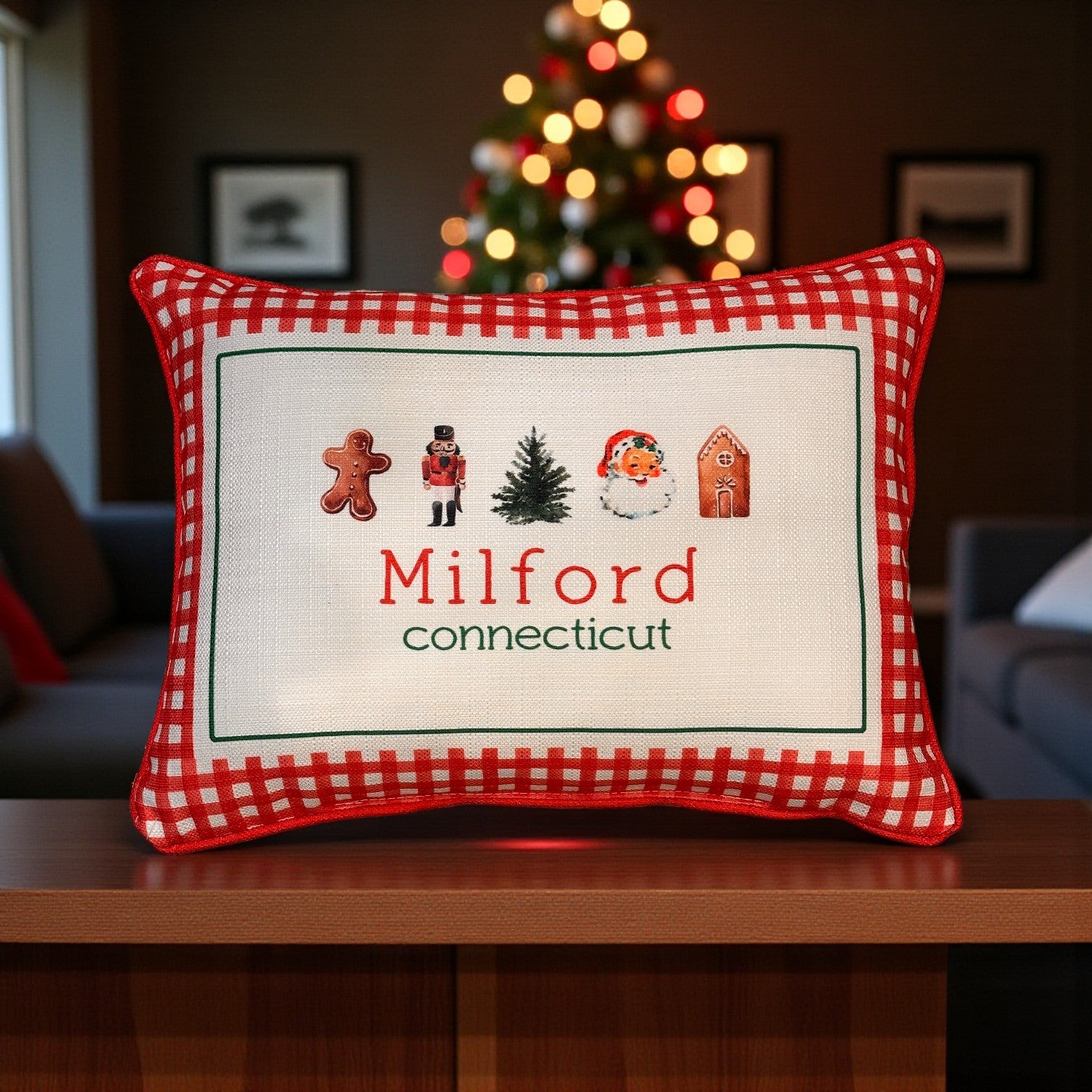 Gingham Christmas Hometown Pillow - Milford Connecticut - Red Piping - 19-in - Mellow Monkey