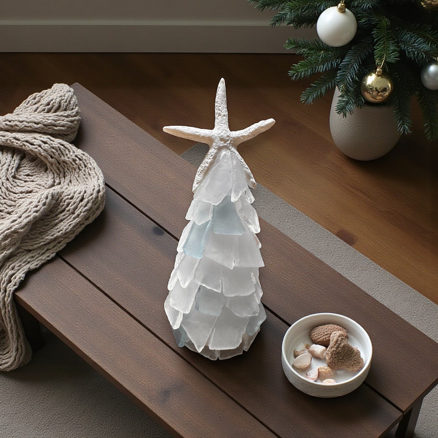 Sea Glass Christmas Tree With Starfish - 6 In. - Hint of Powder Blue - Mellow Monkey