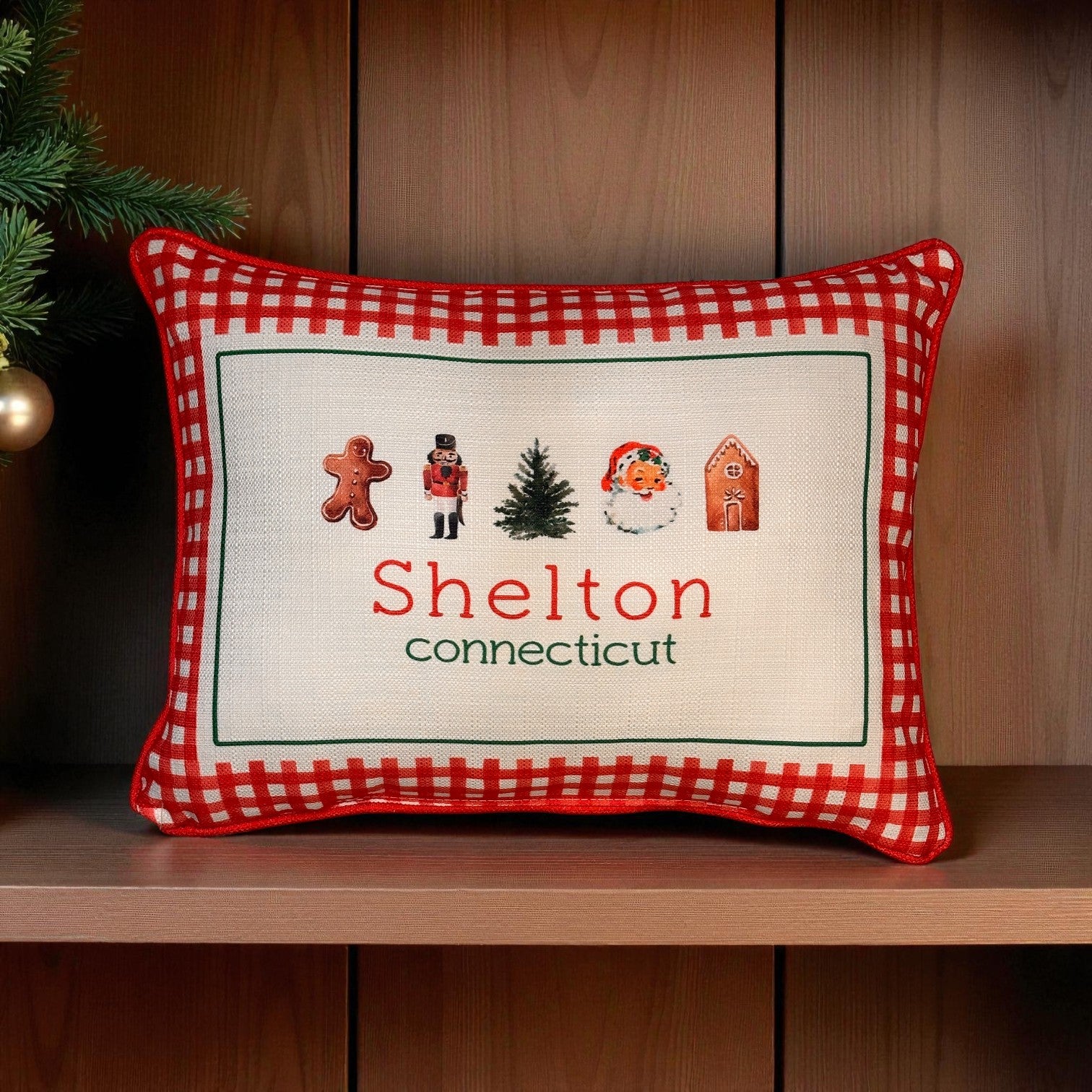 Gingham Christmas Hometown Pillow - Shelton Connecticut - Red Piping - 19-in - Mellow Monkey