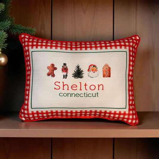 Gingham Christmas Hometown Pillow - Shelton Connecticut - Red Piping - 19-in - Mellow Monkey