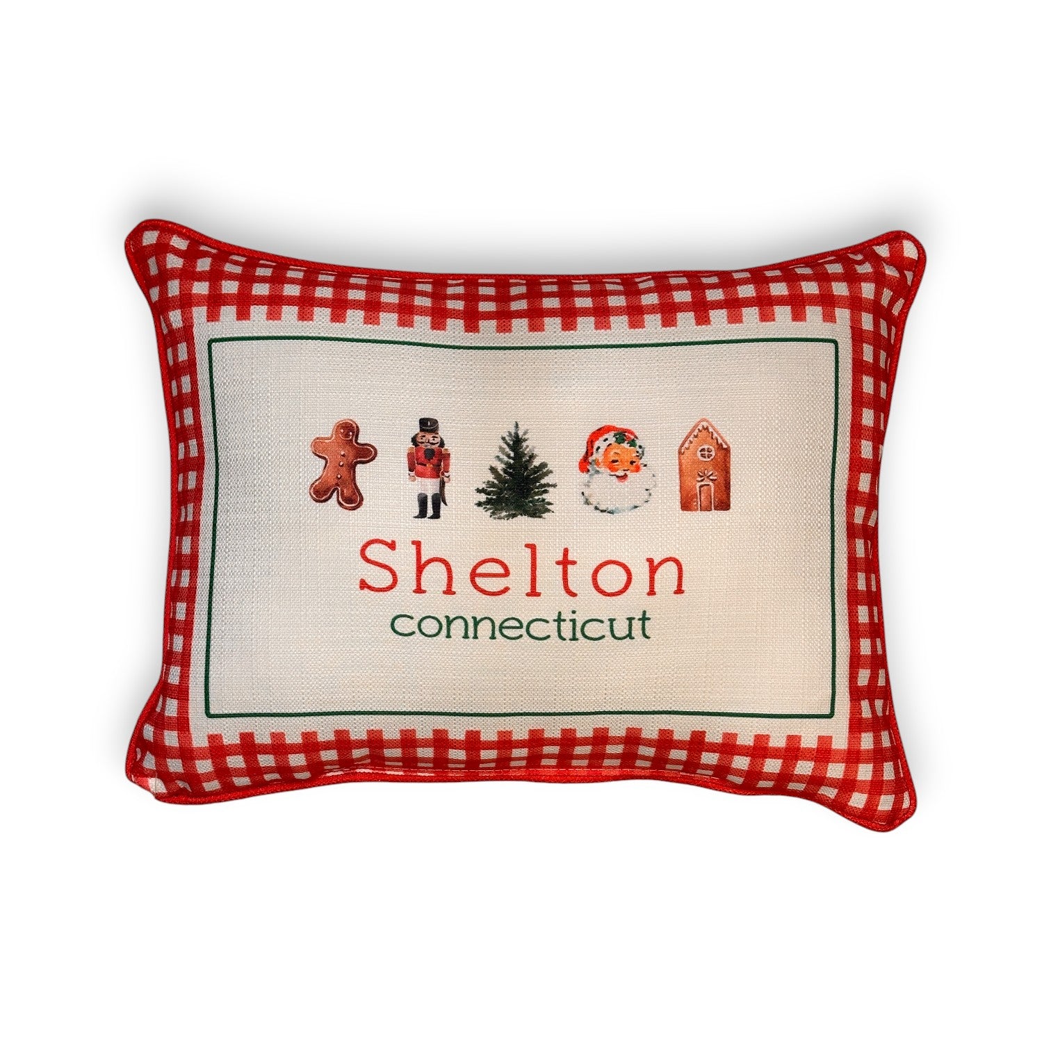 Gingham Christmas Hometown Pillow - Shelton Connecticut - Red Piping - 19-in - Mellow Monkey