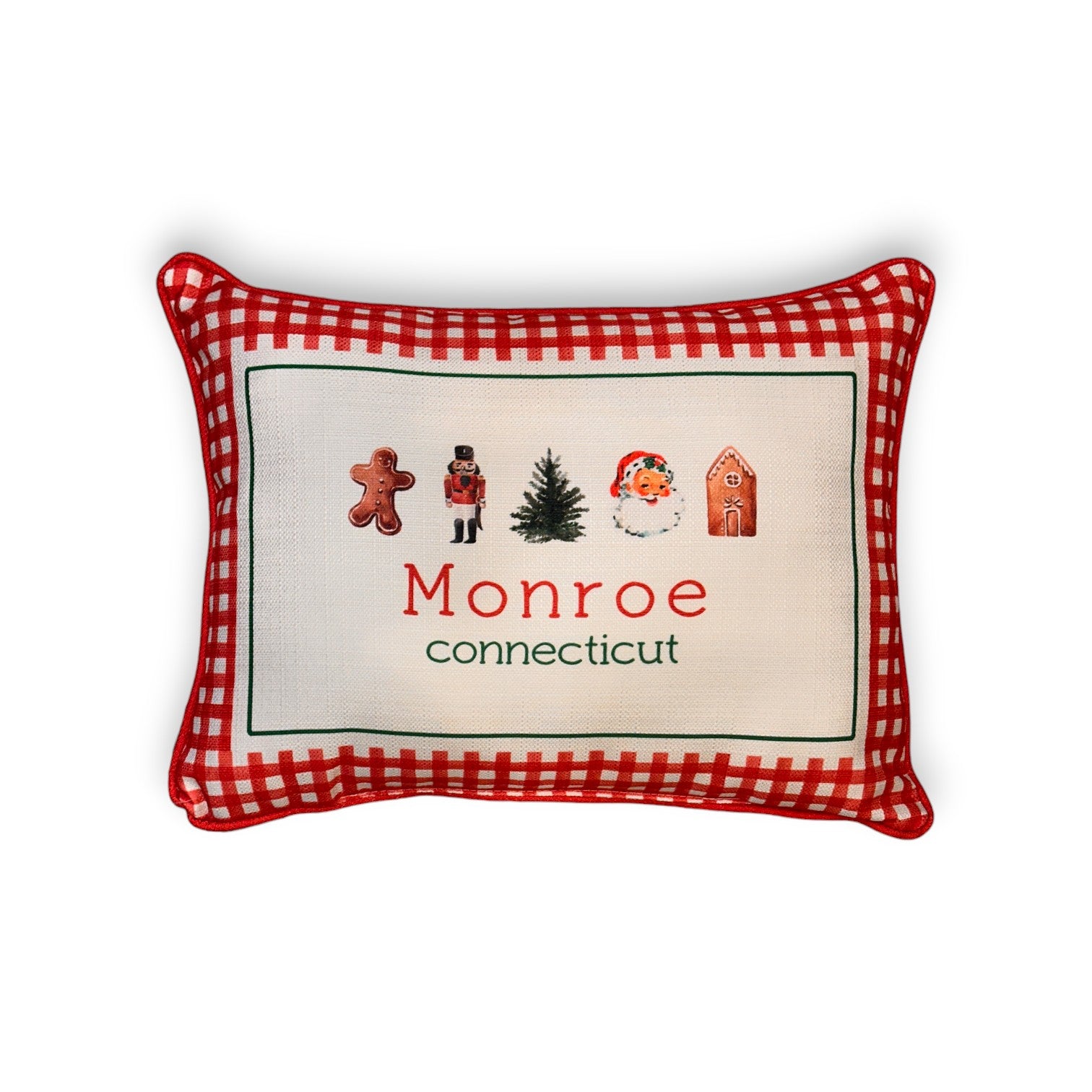 Gingham Christmas Hometown Pillow - Monroe Connecticut - Red Piping - 19-in - Mellow Monkey
