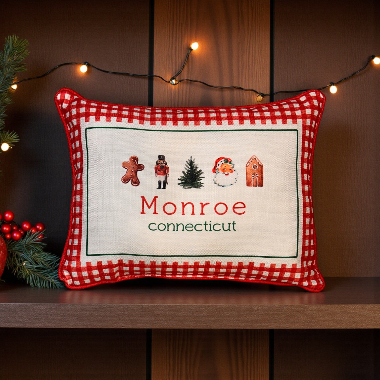 Gingham Christmas Hometown Pillow - Monroe Connecticut - Red Piping - 19-in - Mellow Monkey