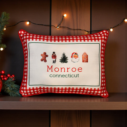 Gingham Christmas Hometown Pillow - Monroe Connecticut - Red Piping - 19-in - Mellow Monkey
