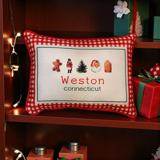 Gingham Christmas Hometown Pillow - Weston Connecticut - Red Piping - 19-in - Mellow Monkey