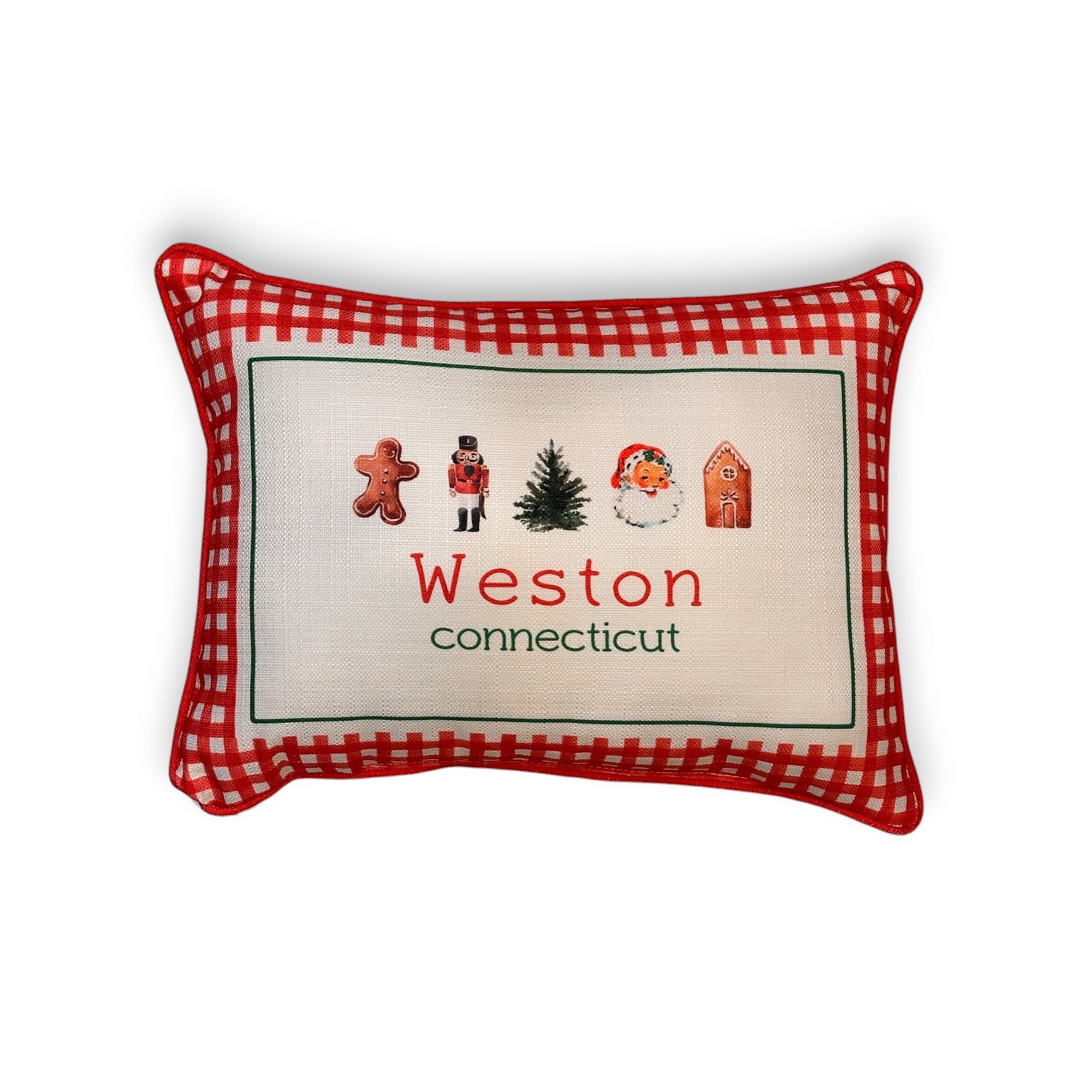 Gingham Christmas Hometown Pillow - Weston Connecticut - Red Piping - 19-in - Mellow Monkey