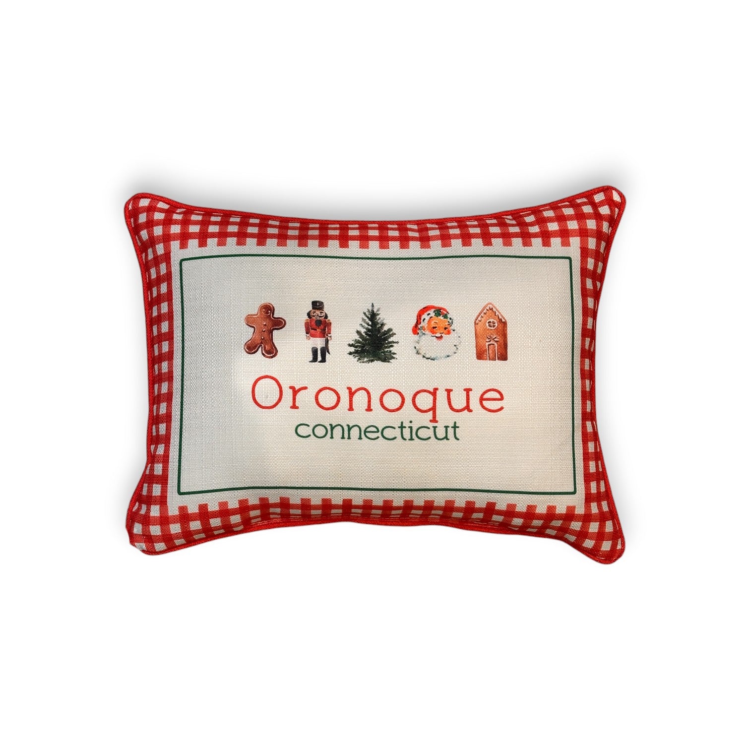 Gingham Christmas Hometown Pillow - Oronoque Connecticut - Red Piping - 19-in - Mellow Monkey