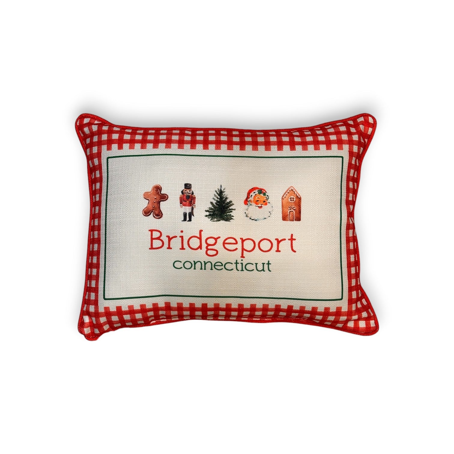 Gingham Christmas Hometown Pillow - Bridgeport Connecticut - Red Piping - 19-in - Mellow Monkey