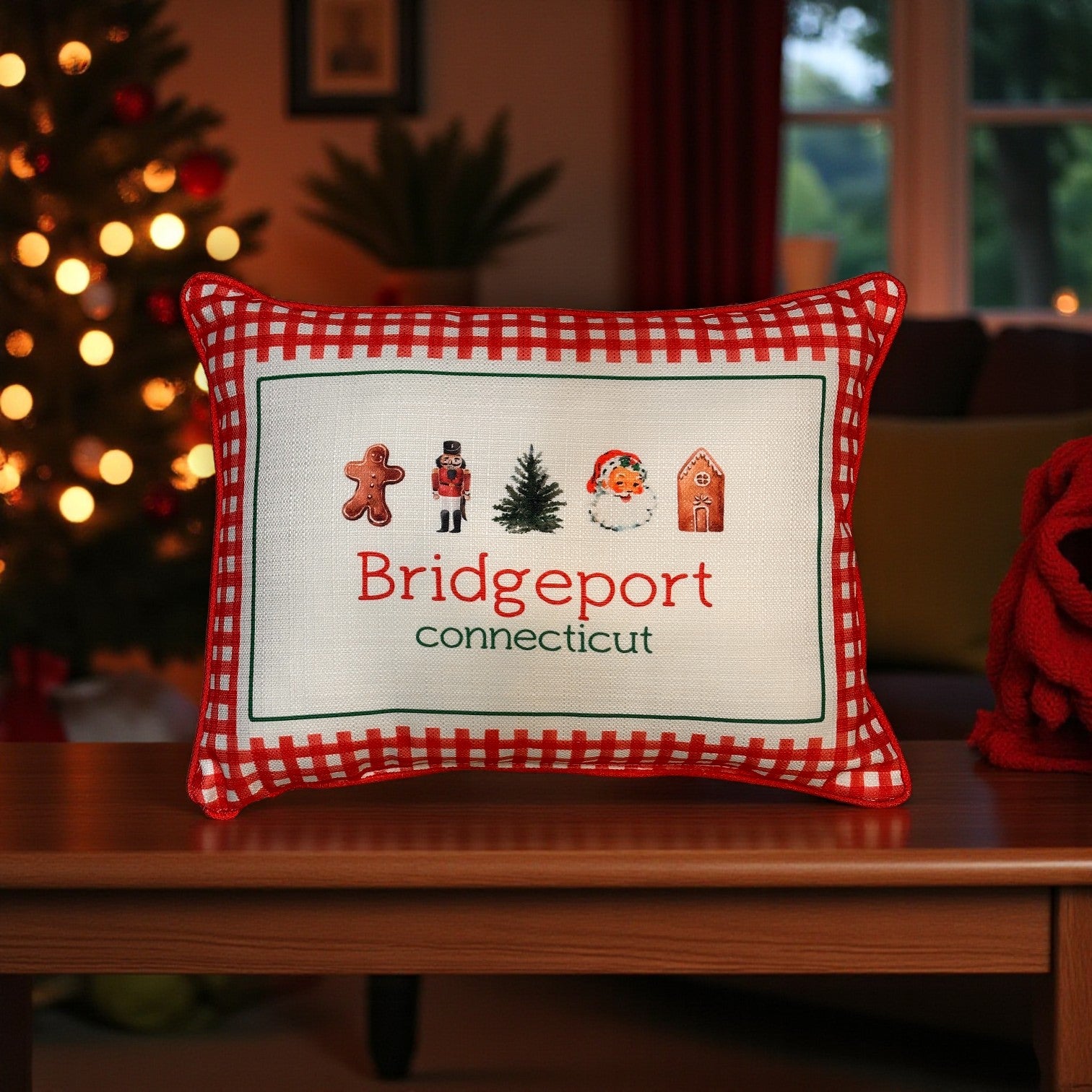 Gingham Christmas Hometown Pillow - Bridgeport Connecticut - Red Piping - 19-in - Mellow Monkey