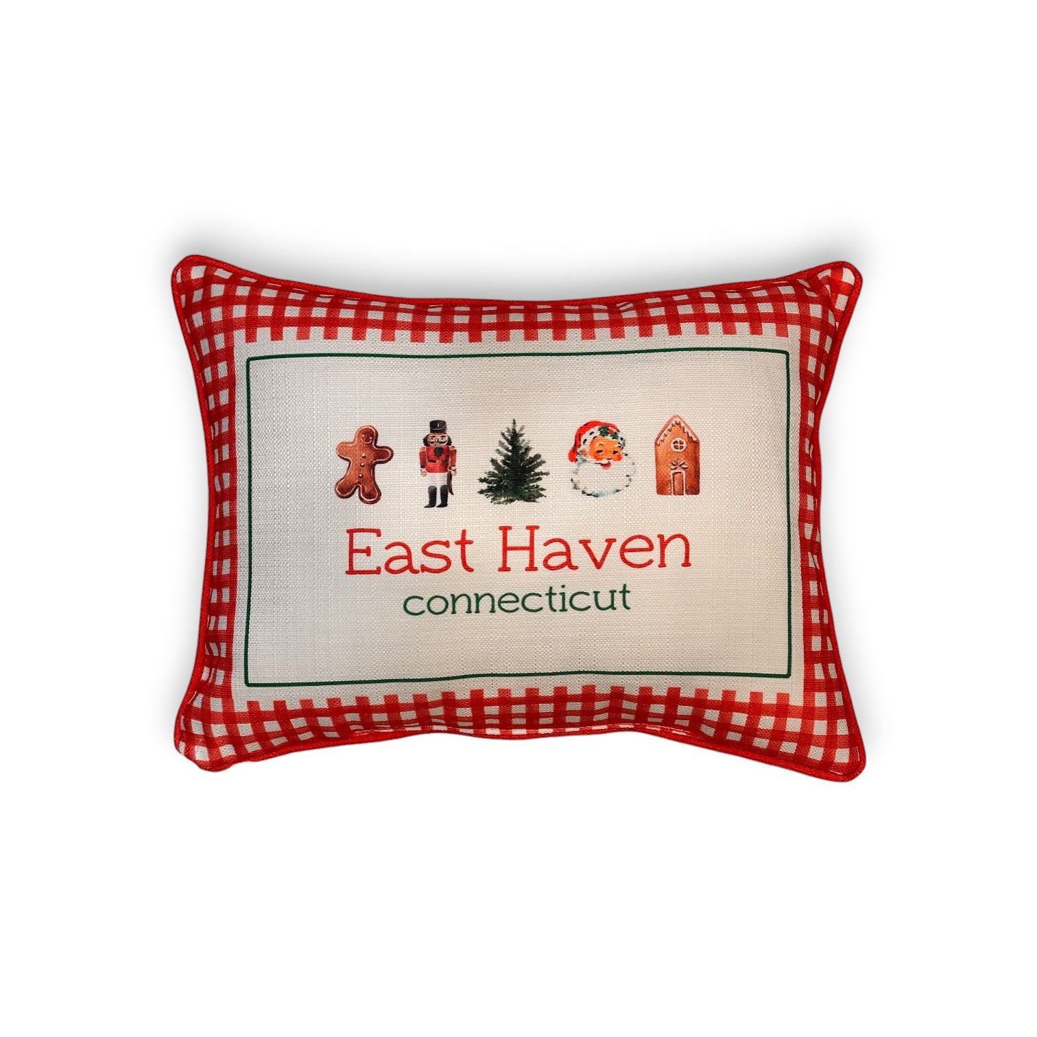 Gingham Christmas Hometown Pillow - East Haven Connecticut - Red Piping - 19-in - Mellow Monkey