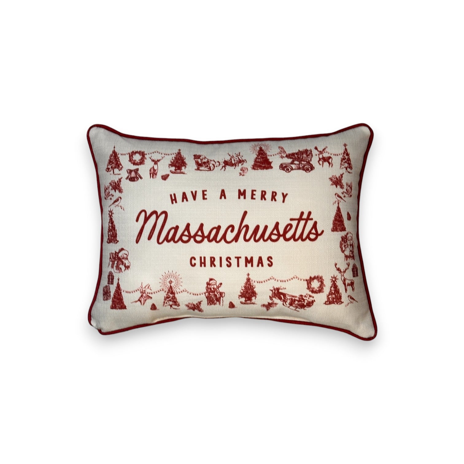 Have a Merry Christmas - Massachusetts - Hometown Pillow - Scarlet Piping - 19-in - Mellow Monkey