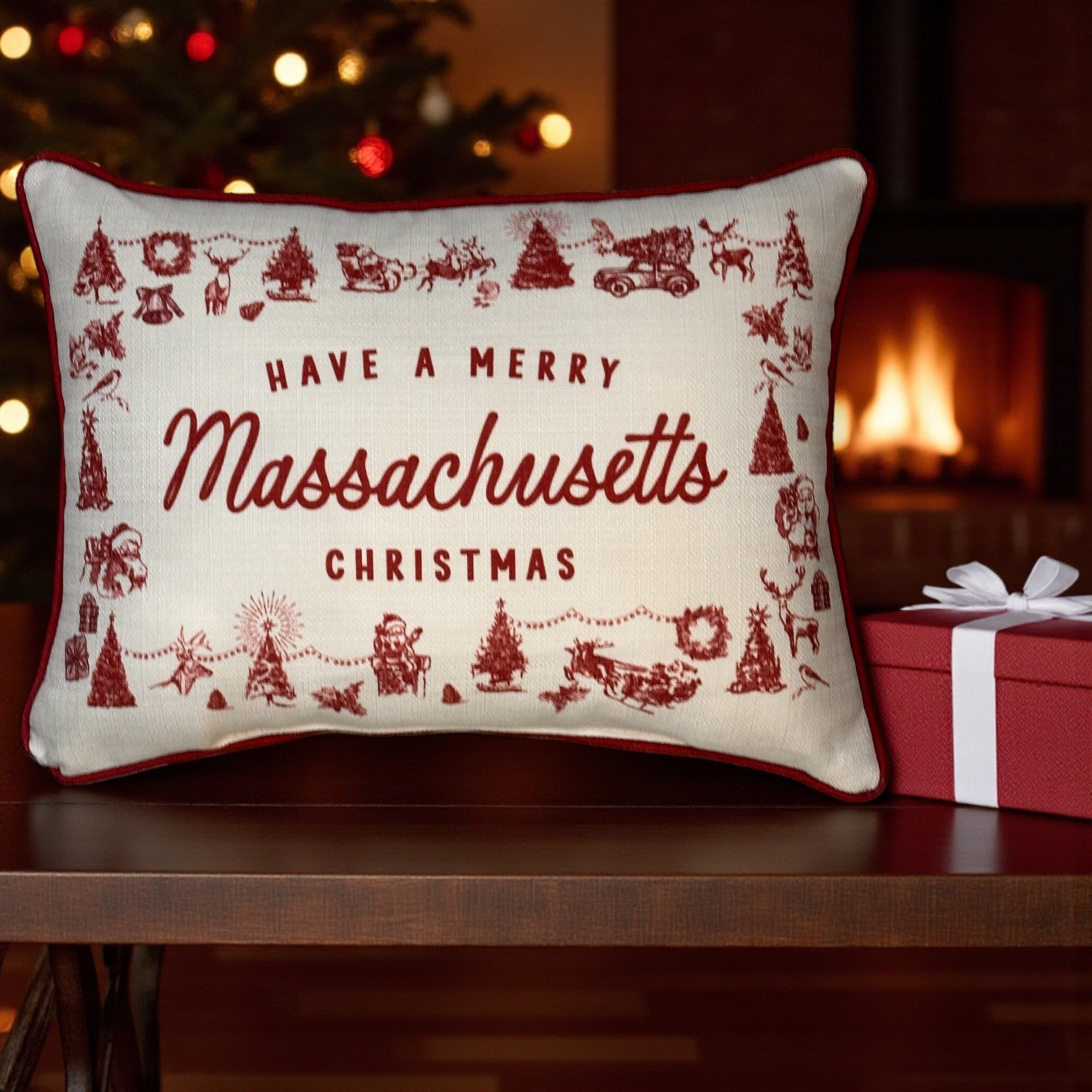 Have a Merry Christmas - Massachusetts - Hometown Pillow - Scarlet Piping - 19-in - Mellow Monkey